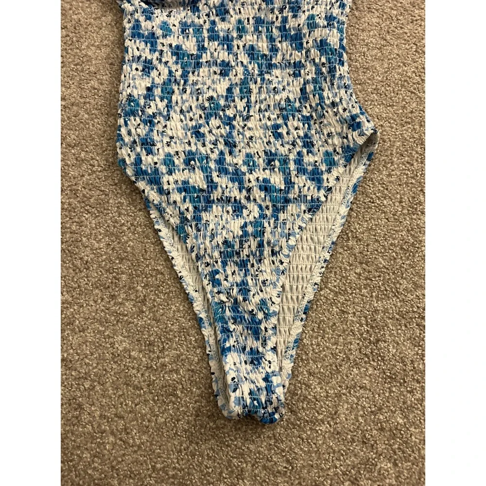 Vintage Smocked One Piece Swimsuit Womens Blue White Floral Excellent High Cut
